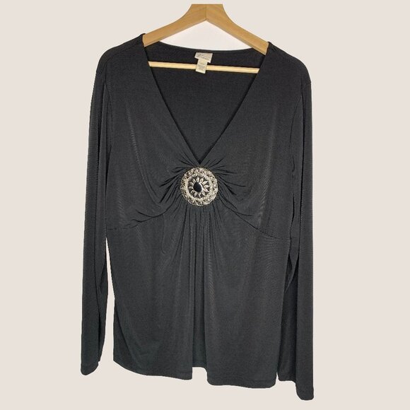 Venezia Tops - Venezia Black Blouse Long Sleeves Brooch Detail 18
